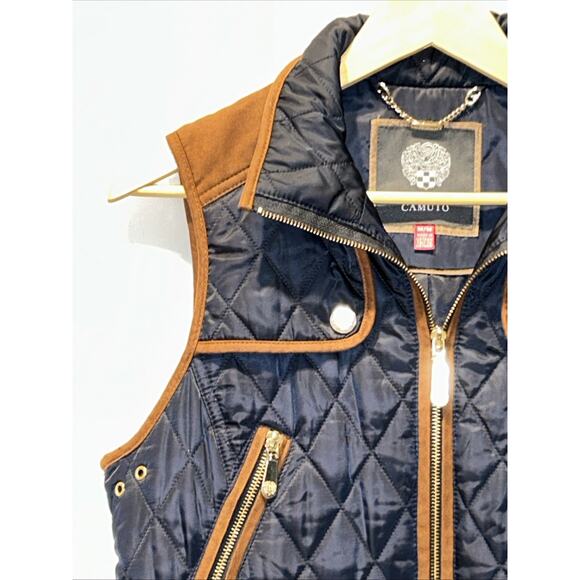 Vince Camuto Quilted Puffer Vest Womens Medium Navy With Brown Suede Trim Chore - Picture 2 of 13